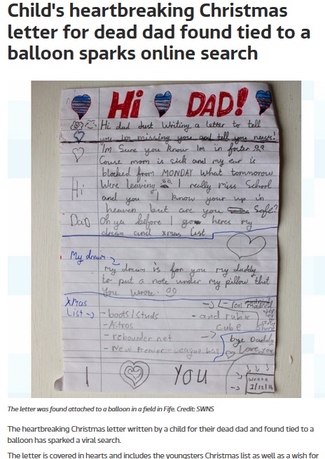 「パパに会いたい」少年の願いが綴られた手紙（出典：http://www.itv.com）