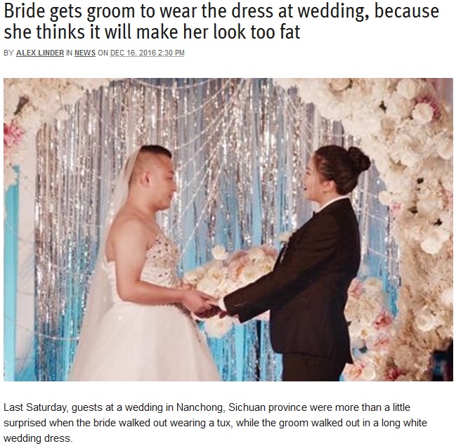 花婿にウエディングドレスを着せた花嫁（出典：http://shanghaiist.com）