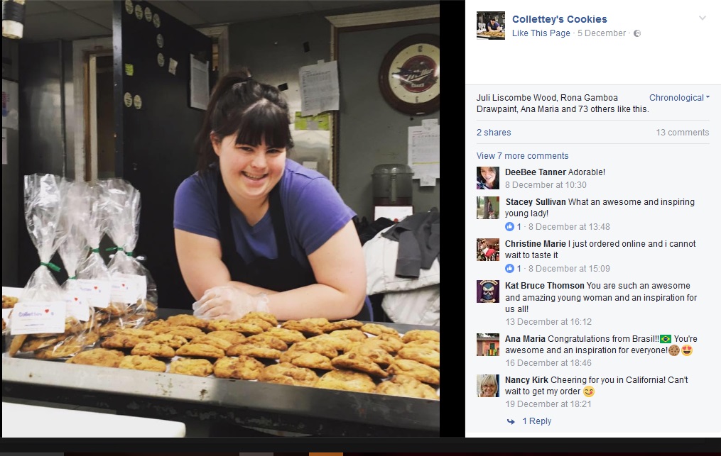 クッキー店をオープンしたダウン症の女性（出典：https://www.facebook.com/colletteyscookies）