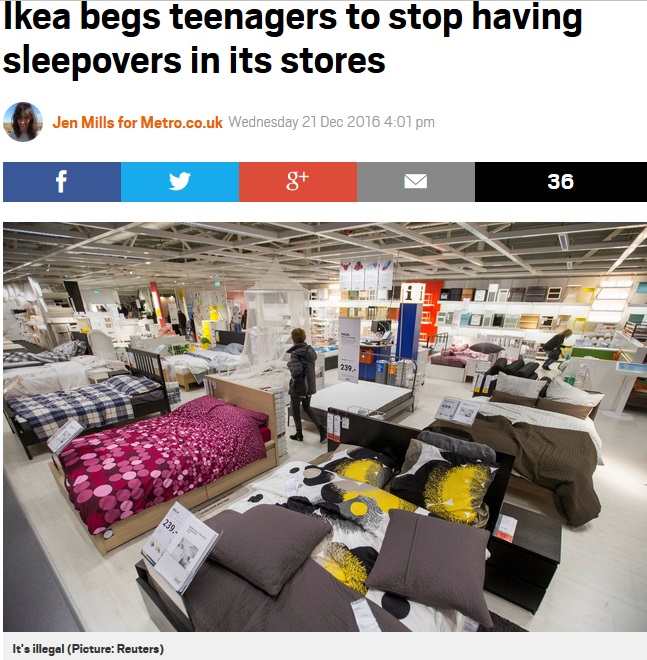 IKEAで一晩明かす10代の若者たちに警告（出典：http://metro.co.uk）