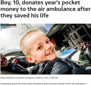 【海外発！Breaking News】10歳の少年、命を救ってくれた航空救急隊に1年間貯めたお小遣いを寄付（英）