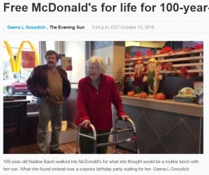 【海外発！Breaking News】マック常連100歳女性　誕生日に“生涯フリーチケット”をプレゼントされる（米）
