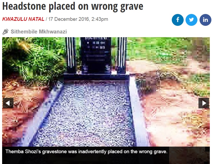 別人のお墓に建てられた夫の墓石、業者は移動を拒否（出典：http://www.iol.co.za）