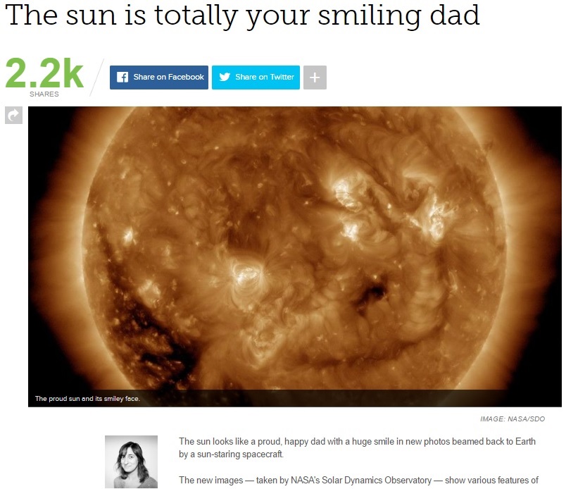 NASAが公開した「笑顔の太陽」（出典：http://mashable.com）