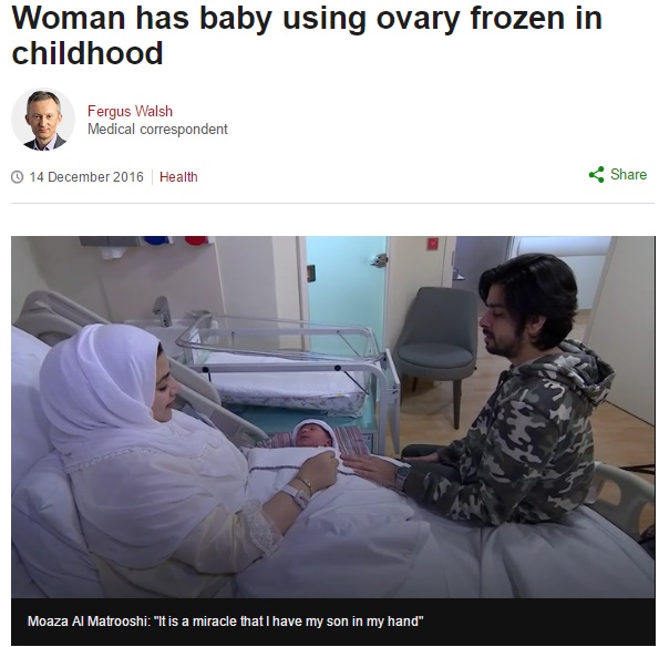 9歳で卵巣組織を凍結しておいたドバイの女性がママに（出典：http://www.bbc.com）