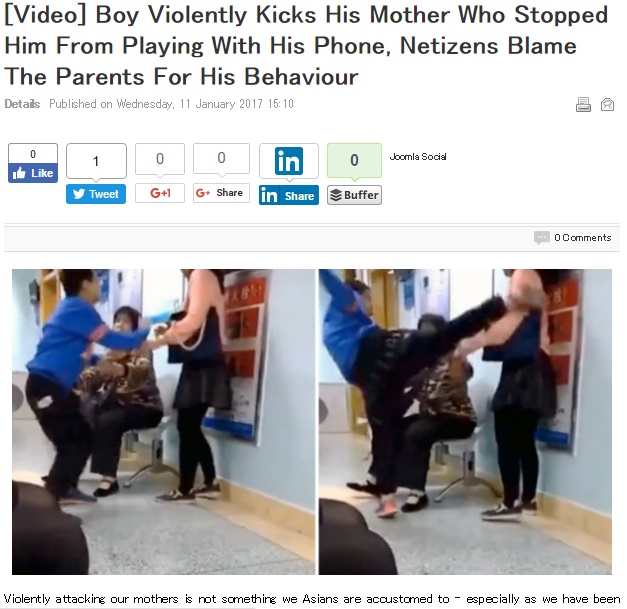 ゲームを注意され母親を蹴り上げる中国の男児（出典：http://malaysiandigest.com）