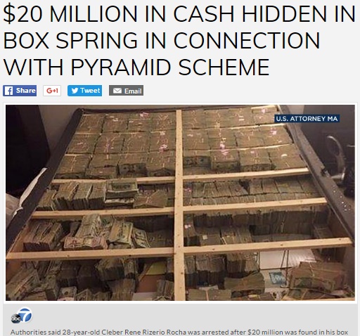 ベッドのマットレス下から2千万ドルもの紙幣（出典：http://abc7.com）