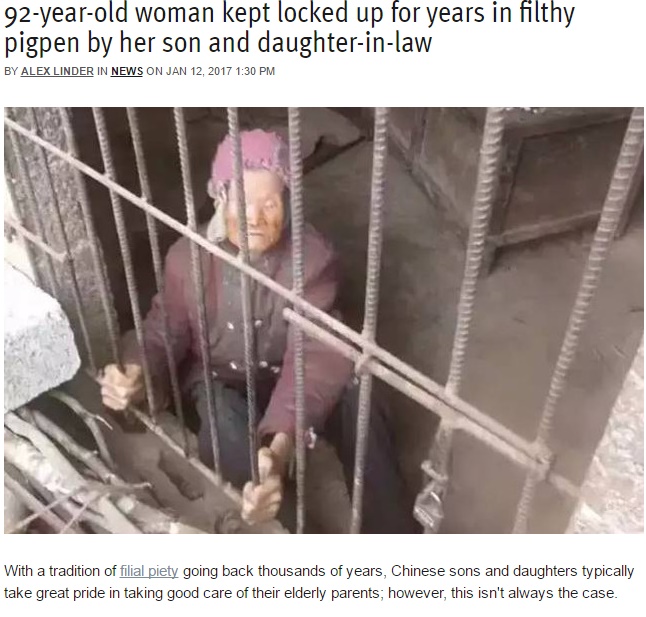 檻の中から92歳の女性。息子と嫁を逮捕（出典：http://shanghaiist.com）
