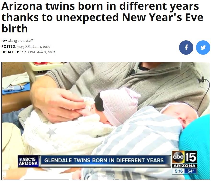 年をまたいで双子の男児が誕生（出典：http://www.abc15.com）