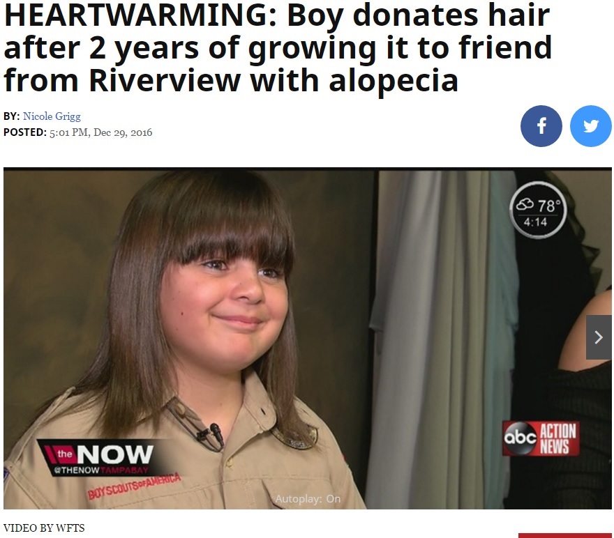 病気の友達に自分の髪を寄付した少年（出典：http://www.abcactionnews.com）