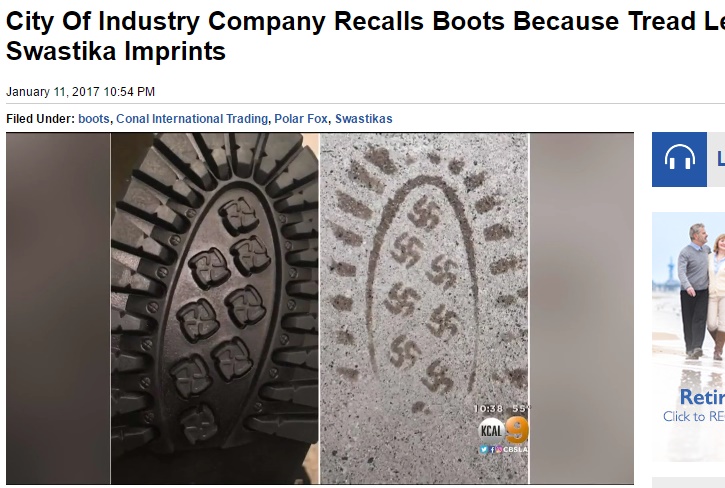 米メーカーのブーツ靴底がかぎ十字の足跡を残す（出典：http://losangeles.cbslocal.com）
