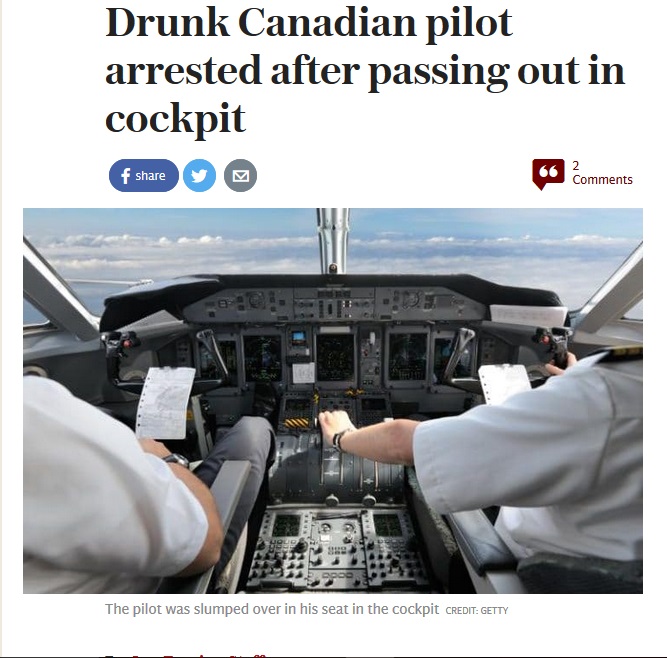 泥酔状態のパイロット、操縦室で気絶し逮捕（出典：http://www.telegraph.co.uk）