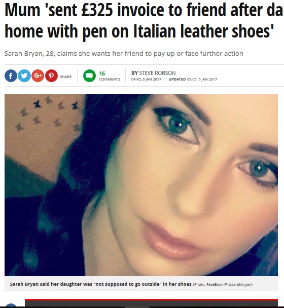 娘の靴を台無しにされた母、弁償しろと請求書を送り付ける（出典：http://www.mirror.co.uk）