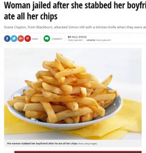 【海外発！Breaking News】チップスを全部食べられて逆上した女　ナイフで彼氏を刺す（英）
