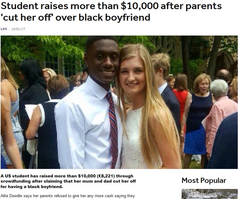 黒人との交際を反対され親に援助を打ち切られた女子高生、寄付で大学入学費用を集める（出典：http://www.bbc.co.uk）