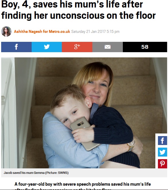 倒れて意識不明になった母を救った4歳男児（出典：http://metro.co.uk）