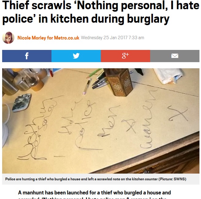 警察嫌いの泥棒、侵入した家でメッセージを残す（出典：http://metro.co.uk）
