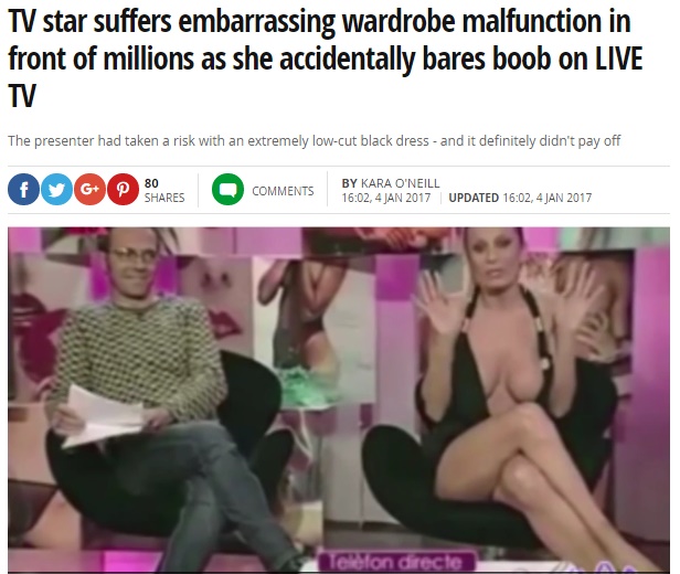 スペインのTV番組で女性司会者がバストを大胆露出（出典：http://www.mirror.co.uk）