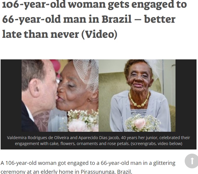 初恋を実らせた106歳女性、66歳男性と婚約（出典：http://www.newscrunch.in）