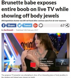 【海外発！Breaking News】美人タレントがTV番組で胸ポロリ　「ネックレス見せて？」と尋ねられ（アルゼンチン）