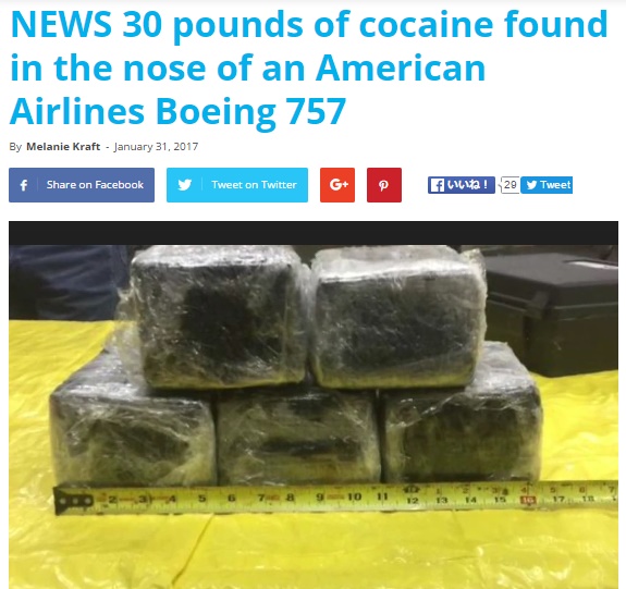 アメリカン航空で旅客機の鼻部分から大量のコカイン（出典：http://www.airlive.net）