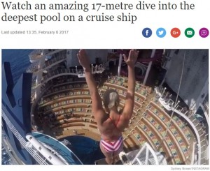 【海外発！Breaking News】圧巻！　17mの高さからクルーズ船のプールへダイブ