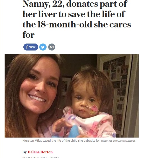 シッター先の子供に肝臓の一部を提供した女性（出典：http://www.telegraph.co.uk）