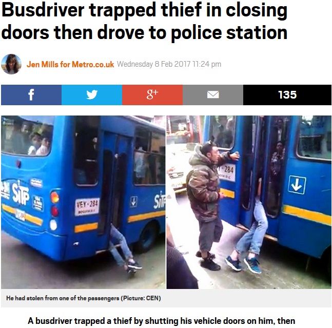 窃盗犯を扉に挟んで警察まで送り届けたバスの運転手（出典：http://metro.co.uk）