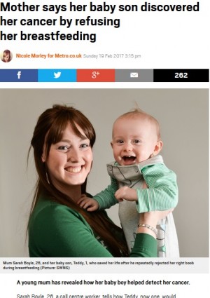 【海外発！Breaking News】乳児が母の乳がんを察知　母乳を突然飲むのをやめた息子に命を救われた母（英）