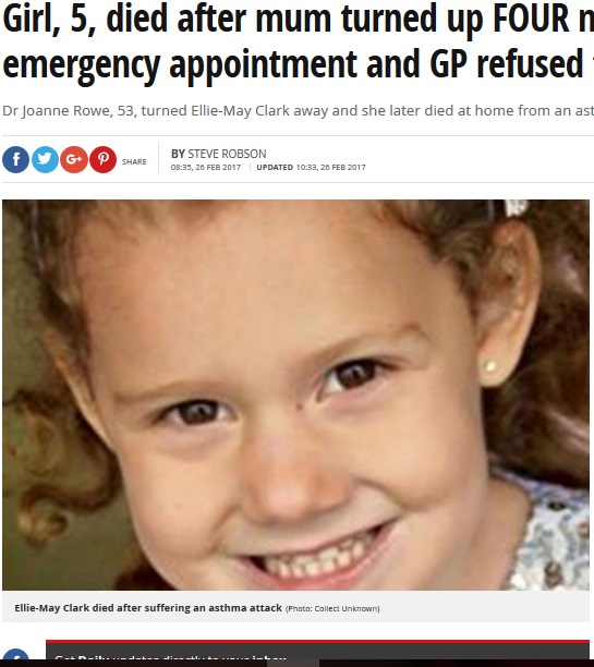 4分遅れでクリニックの医師に診察を拒否された5歳児、死亡（出典：http://www.mirror.co.uk）