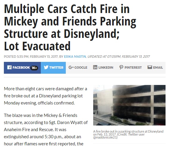アナハイムの「ディズニーランド」駐車場で火災（出典：http://ktla.com）
