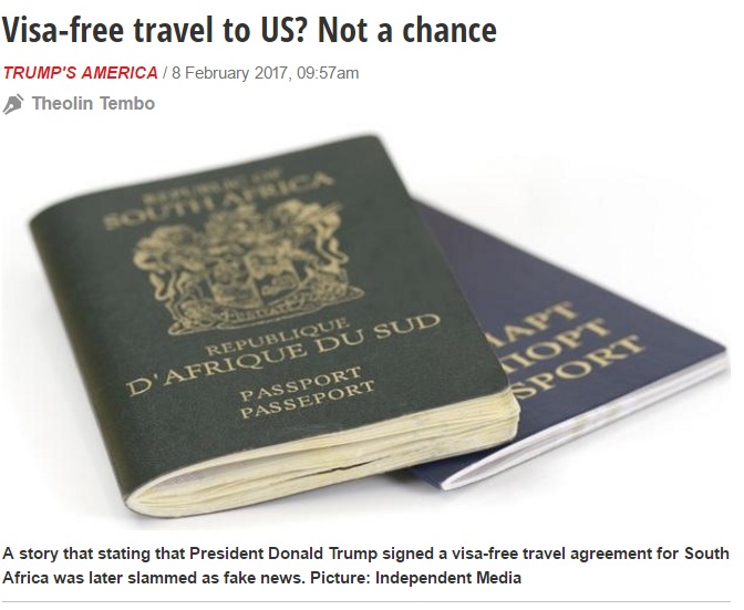 南アフリカ人は米入国にビザが要らない？（出典：http://www.iol.co.za）