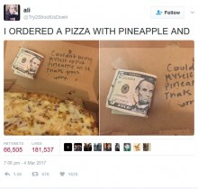 【海外発！Breaking News】「パイナップル入りのピザはイヤ」ピザ店員、デリバリーの箱にメモとお金で客を驚かす（米）