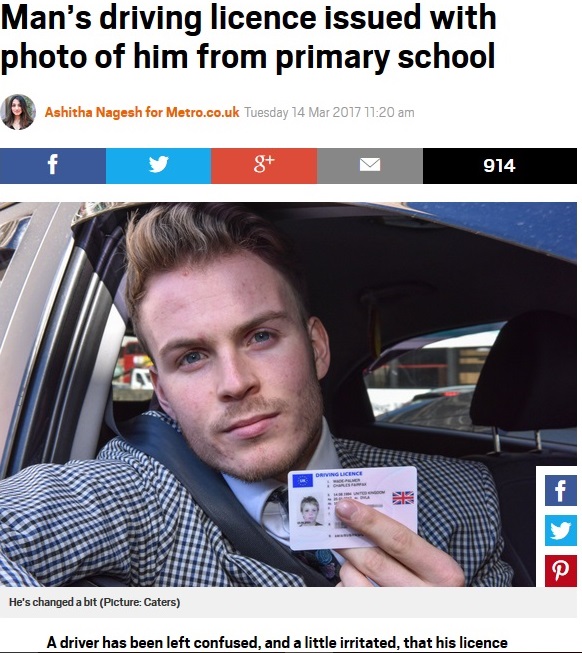 22歳男性、免許証は11歳の時の写真のままなワケ（出典：http://metro.co.uk）