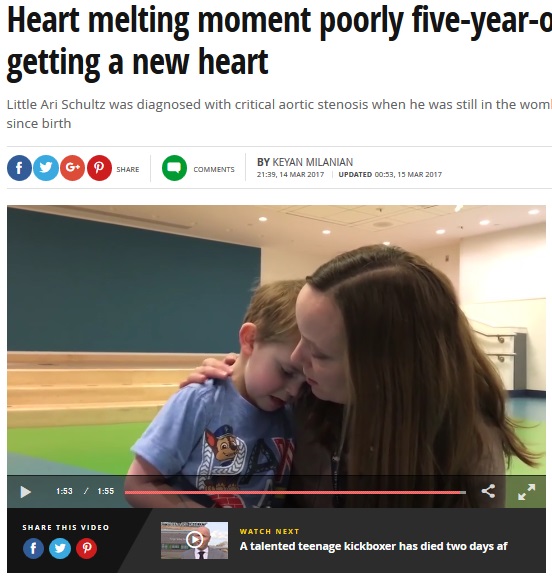 新しい心臓ドナーが見つかり喜びを見せる5歳男児（出典：http://www.mirror.co.uk）