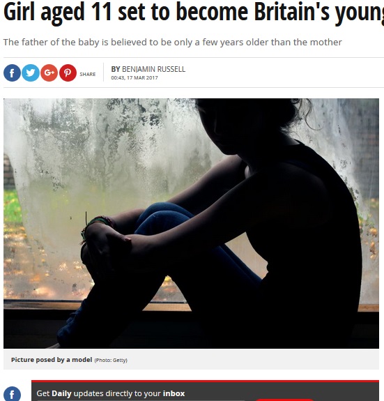 イギリスで11歳の少女が来月出産予定（出典：http://www.mirror.co.uk）
