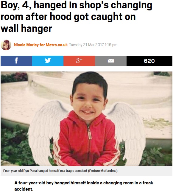 試着室の壁ハンガーに服がひっかかり窒息死した男児（出典：http://metro.co.uk）