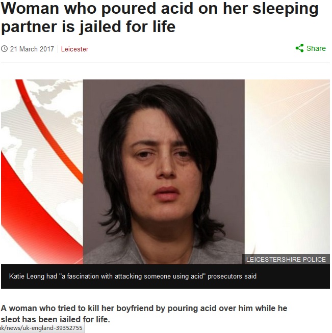 嫉妬でパートナーに硫酸を浴びせた女（出典：http://www.bbc.co.uk）