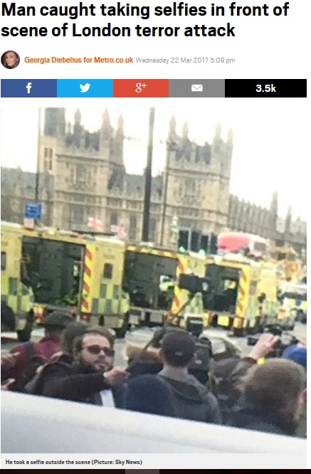 テロ現場で自撮りした男に世間は激怒（出典：http://metro.co.uk）