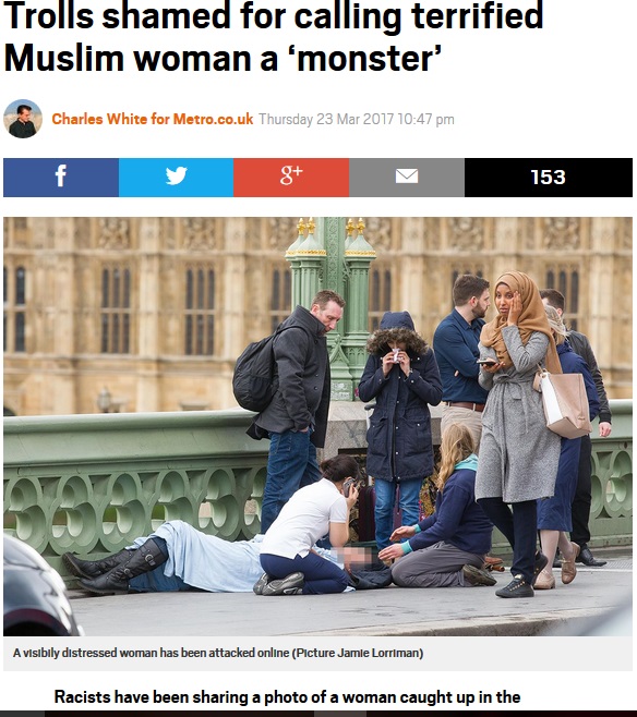 テロ現場を素通りした女性が物議を醸す（出典：http://metro.co.uk）