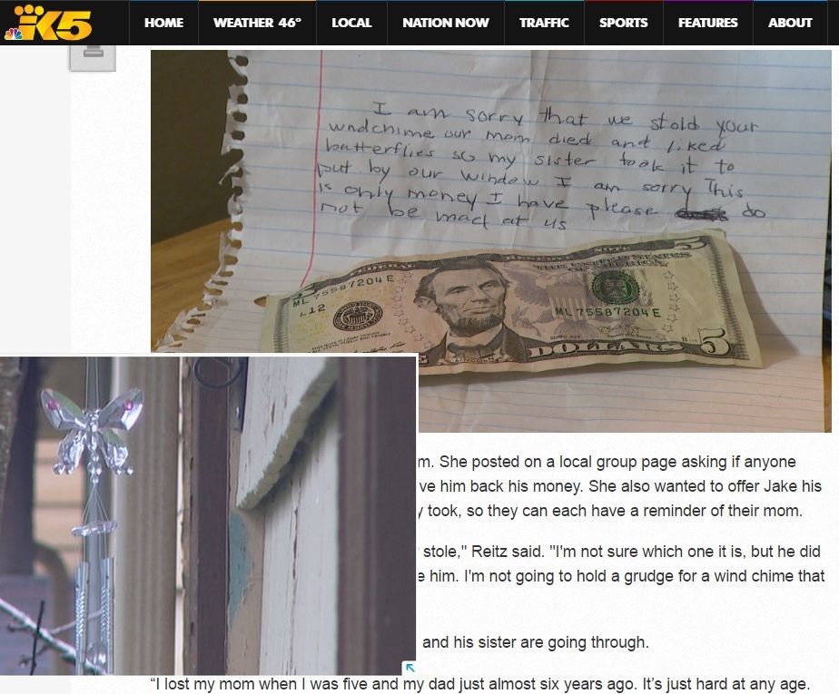 届けられた手紙と5ドル札、左下はウインドチャイム（出典：http://www.king5.com）