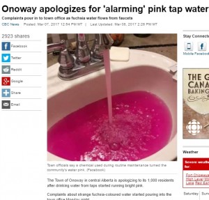 【海外発！Breaking News】カナダ・アルバータ州の町で水道水がピンクに　いったい何が!?