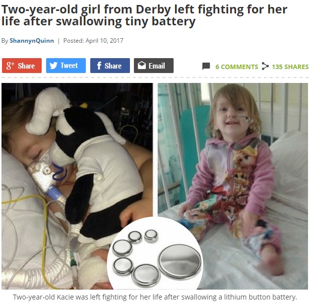 コイン形リチウム電池を誤飲した2歳児（出典：http://www.derbytelegraph.co.uk）