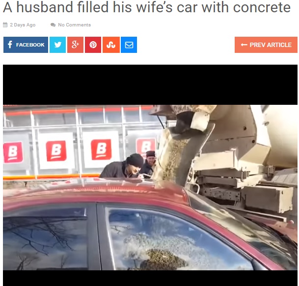 男性、妻の愛車にコンクリートを流し込む（出典：http://weirdrussia.com）