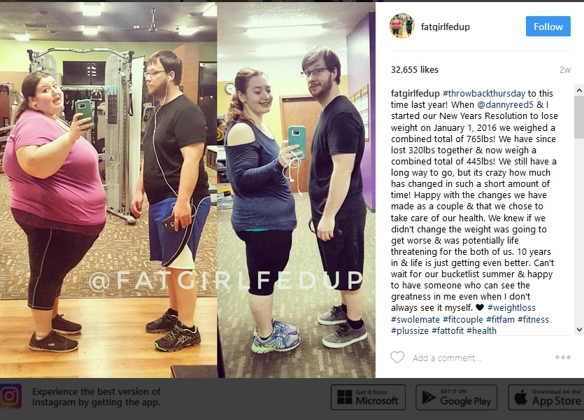 あわせて135kgの減量に成功した夫婦（出典：https://www.instagram.com/fatgirlfedup）