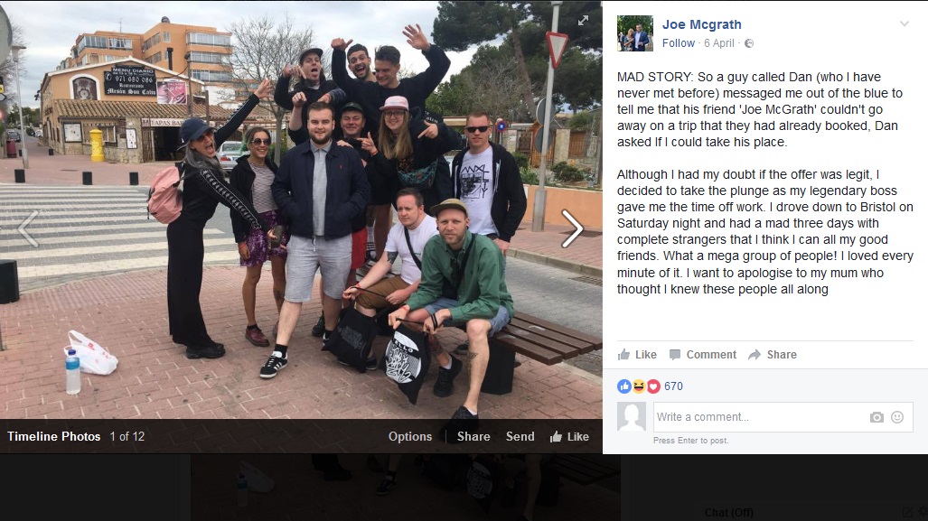 旅行に行けない友人の代わりに同姓同名の見知らぬ男性を招待したグループ（出典：https://www.facebook.com/joe.mcgrath.95）