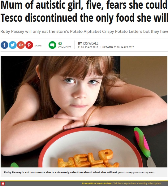 自閉症の娘が食べる唯一の食品、スーパー側は製造中止に（出典：http://www.mirror.co.uk）