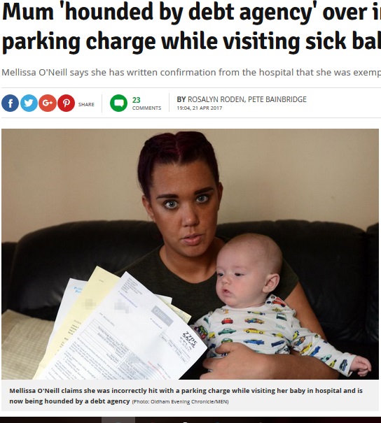 子供が入院している間に高額な駐車料金の請求が…（出典：http://www.manchestereveningnews.co.uk）