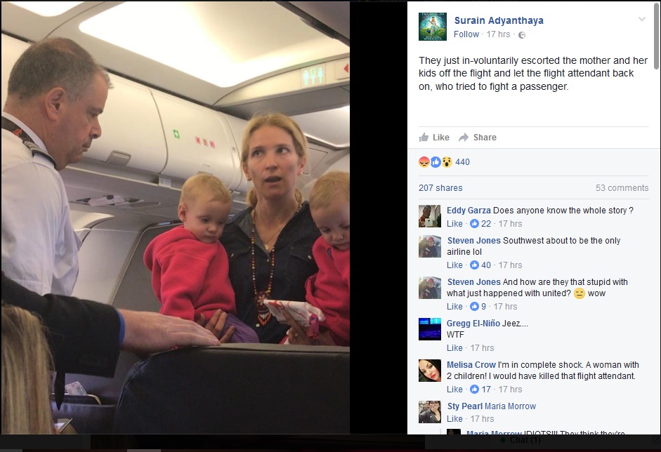 2人の子供を連れた母親、アメリカン航空の機内から降ろされる（出典：https://www.facebook.com/surain.adyanthaya）