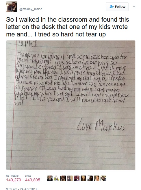 児童からの手紙に感激した男性教師、Twitterに投稿（出典：https://twitter.com/mainey_maine）